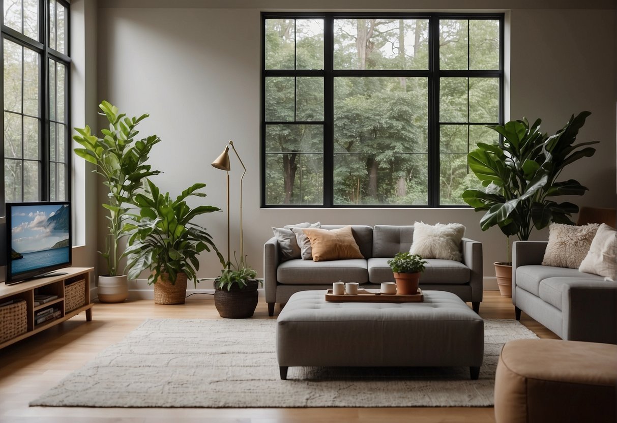 A cozy living room with a sectional sofa, coffee table, and TV on the wall. A large window lets in natural light, and a small bookshelf and indoor plants add a touch of greenery to the space